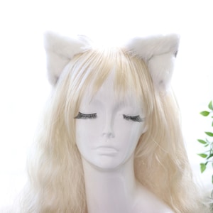 Gray White Cat ears Kitty kitten Cosplay Anime Headwear Long Mix Furry Animal Hair clip Hairpin Costume Natural Simulation