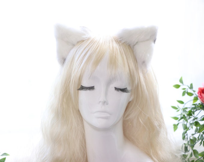 Gray White Cat ears Kitty kitten Cosplay Anime Headwear Long Mix Furry Animal Hair clip Hairpin Costume Natural Simulation