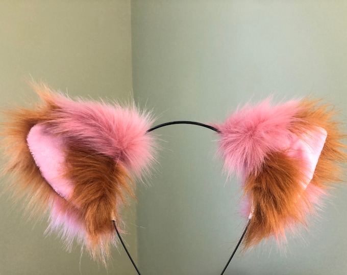 Cat ears Kitty Headwear Watermelon Pink/Tan Khaki Furry Animal Headband Costume Bow Bells