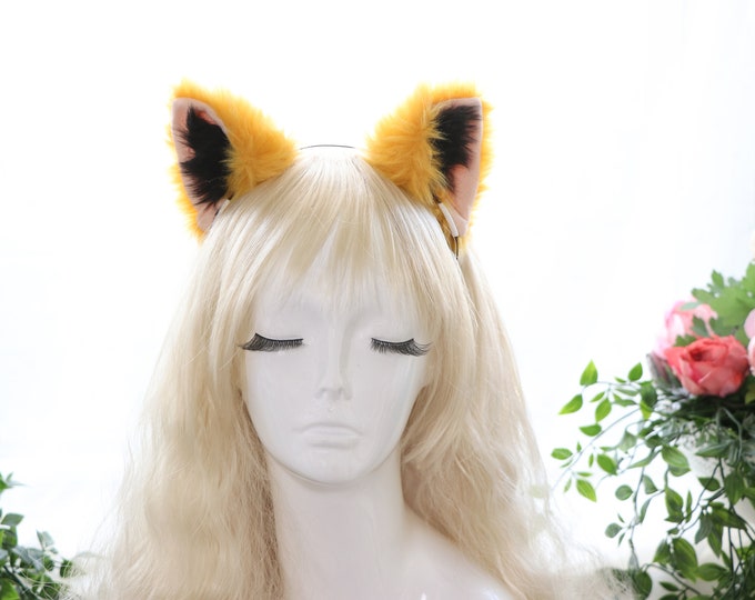 Cat ears Kitty Cosplay Headwear Yellow Furry Black Fur Inside Animal Headband Costume