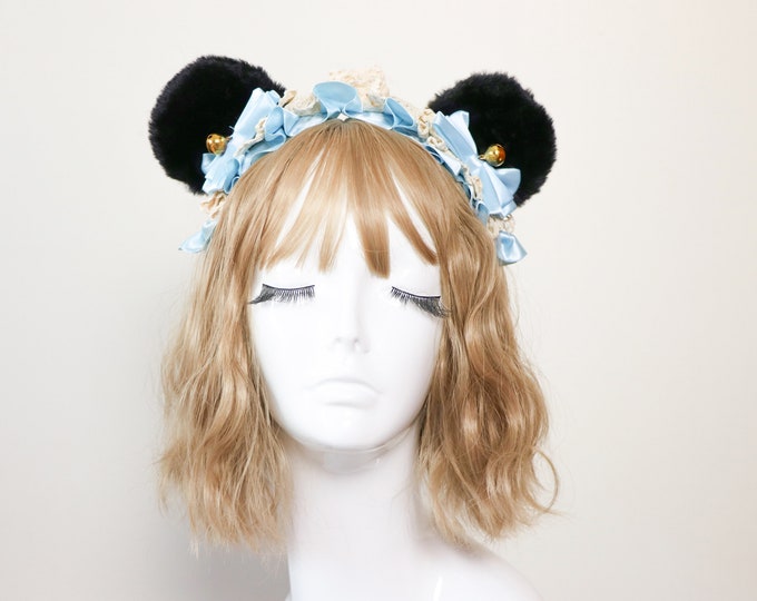 Bear Ears Black Cute Headwear Lolita Light Blue Ribbon Bells Bows Jingle Lace Furry Animal Headband Costume Halloween