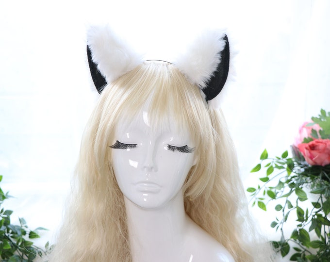 Big Cat ears Kitty Cosplay Headwear White Furry Black Inside Animal Headband Costume