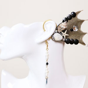 Gold Black Mermaid Ear Cuff — Seashell Fairy Ear Wrap, Elven No Piercing Cosplay Earring