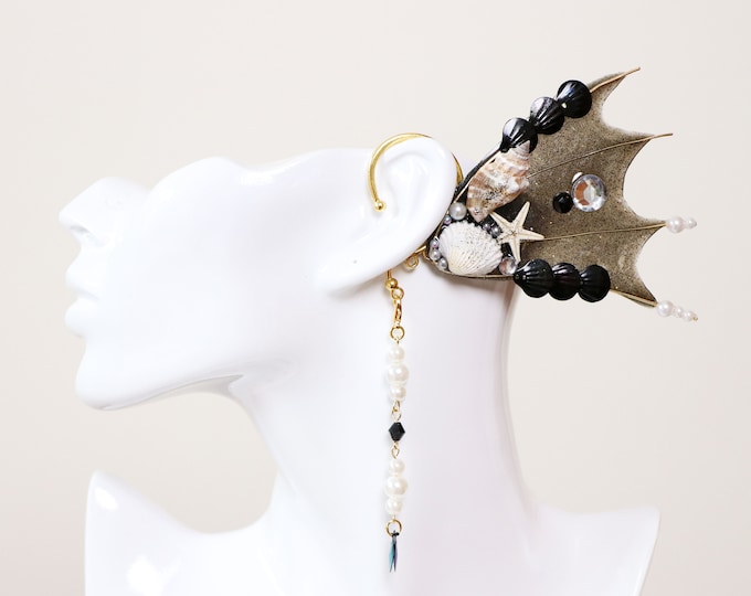Gold Black Mermaid Earring Sea Shell Fairy Ears Elven Ears Earcuffs cosplay fantasy decoration Nature Fish Fin photography【NALUMI】