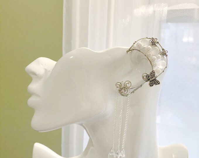 Silver White Pearl Elf Earring Wire Crystal  Fairy Ears Elven Ears Earcuffs cosplay fantasy decoration Nature photography【NALUMI】