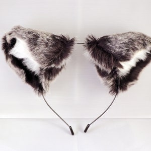 Cat ears Kitty Wolf Headwear Dark Grey Gray Furry White fur inside Animal Headband Costume