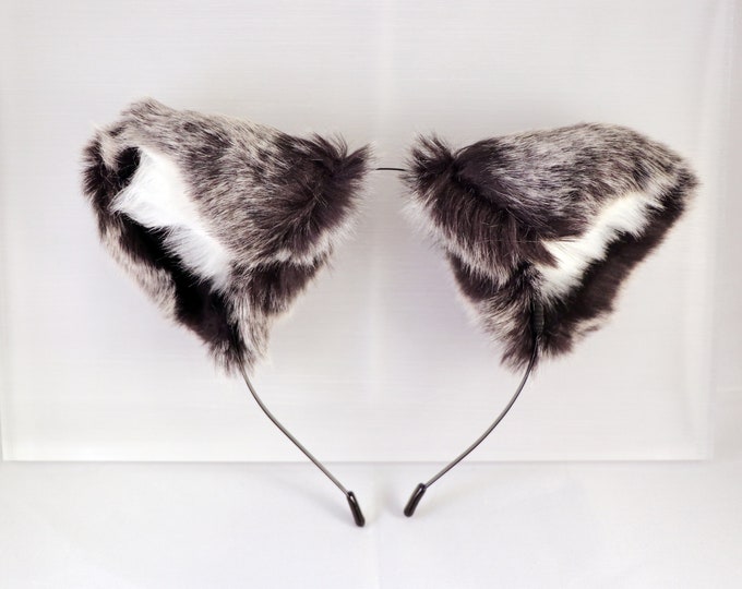 Cat ears Kitty Wolf Headwear Dark Grey Gray Furry White fur inside Animal Headband Costume