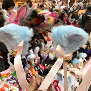Cat ears Kitty Headwear Light Blue Furry Animal Headband Costume Bow Bells