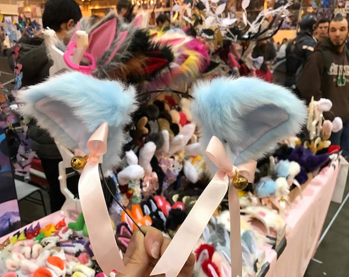 Cat ears Kitty Headwear Light Blue Furry Animal Headband Costume Bow Bells