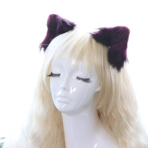 Black Purple Cat ears Kitty kitten Cosplay Anime Headwear Long Mix Furry Animal Hair clip Hairpin Costume Natural Simulation