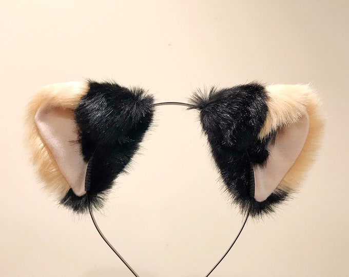 Cat ears Kitty Wolf Headwear Beige Light Khaki Yellow Brown Stitching Black Furry White inside Animal Headband Costume NALUMI