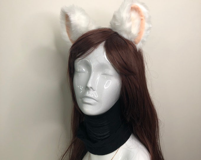 Big Cat ears Kitty Headwear White Furry Beige Soft Thick White Fur inside Animal Headband Costume