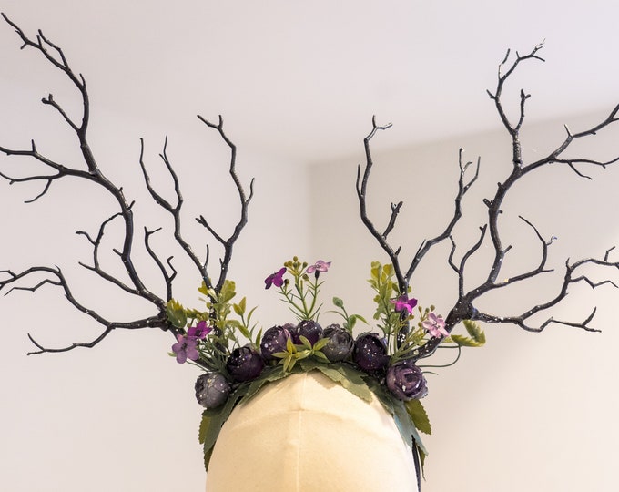 HORNS HEAD DRESS Unique Costume Forest Headdress Dark Purple Silver Black Branch Horn Flowers Nymph Horn Headwear Antlers Halloween