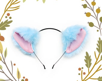 Big Cat ears Kitty Headwear Light Blue Sky Blue Pink inside Furry Animal Headband Costume Bow Bells