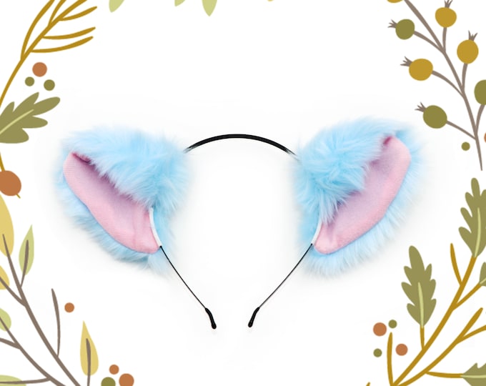 Big Cat ears Kitty Headwear Light Blue Sky Blue Pink inside Furry Animal Headband Costume Bow Bells