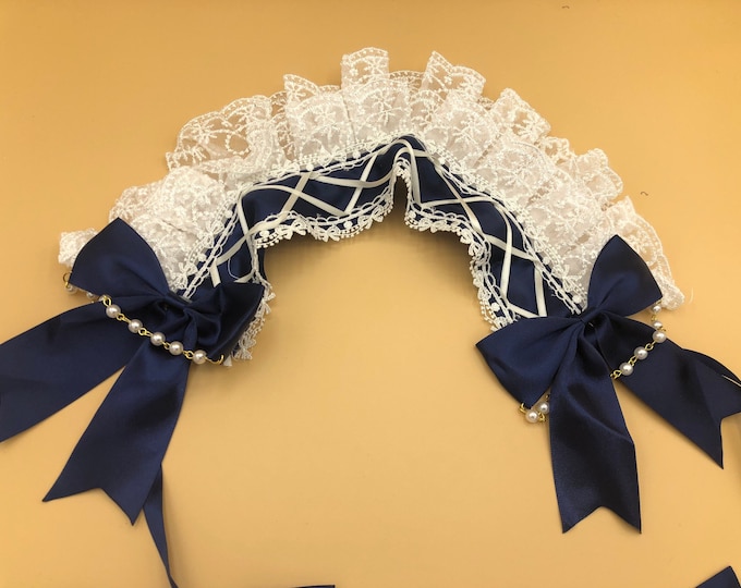 Lolita Maid Cute Headwear Headband Navy Blue Deep Blue White Ribbon Pearl Bows Beads Chain Lace Costume Halloween Cosplay Japanese