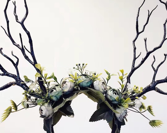 Black Forest Nymph Antler Headdress - Floral Dark Blue Green Halloween Costume Headpiece【NALUMI】