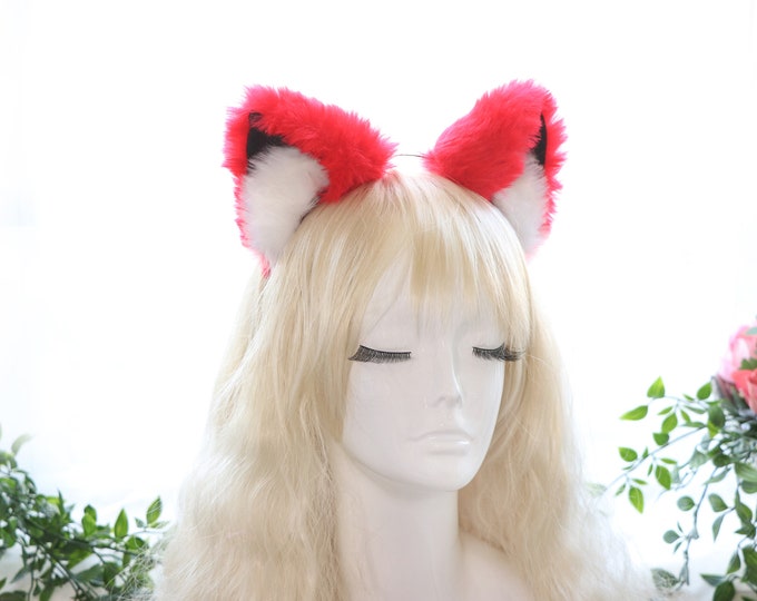 Big Cat Fox Ears Kitty Cosplay Headwear Red Furry White Fur Inside Animal Headband Costume
