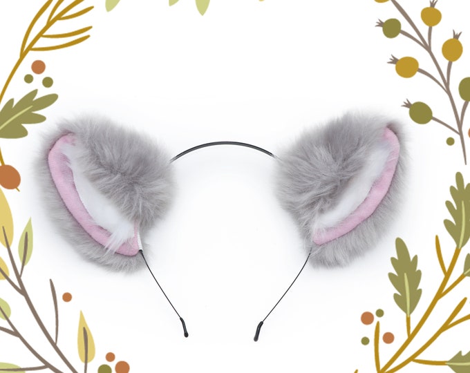 Grey Cat ears Kitty Wolf Gray Fur White Fur Pink inside Headwear Furry Animal Headband Costume