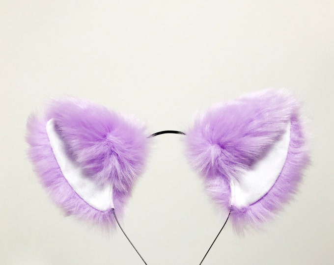 Big Cat ears Kitty Headwear Light Purple Furry White Inside Animal Headband Costume Bow Bells【NALUMI】