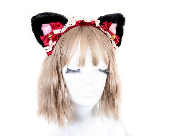 Cat Ears Black Pink Cute Headwear Lolita Red Ribbon Bells Bows Jingle Lace Furry Animal Headband Costume Christmas Gift