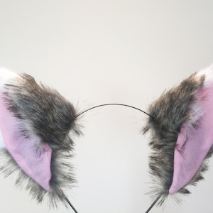 Cat ears Kitty Wolf Headwear Dark Brown Grey/Pink inside  Furry Animal Headband Costume