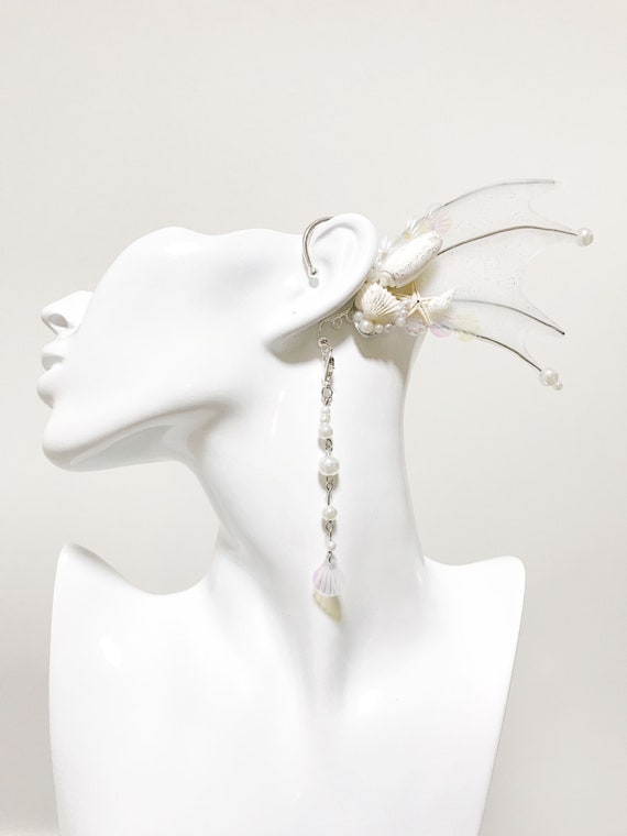 Silver White Mermaid Earring Sea Shell Fairy Ears Elven Ears Earcuffs  cosplay fantasy decoration Nature Fish Fin photography【NALUMI】