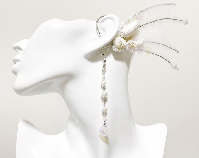 Silver White Mermaid Earring Sea Shell Fairy Ears Elven Ears Earcuffs cosplay fantasy decoration Nature Fish Fin photography【NALUMI】