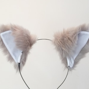 Cat ears Kitty Wolf Headwear Warm Grey White inside  Furry Animal Headband Costume Bow Bells