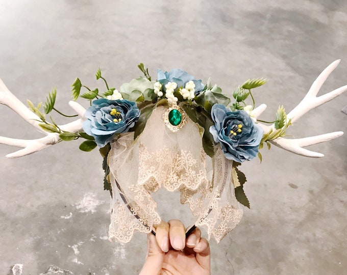 White Antlers Horn Gem Zircon Lace Daisy Flowers Rose Nymph Forest Horn Headdress Antlers Blue Green Vintage marriage