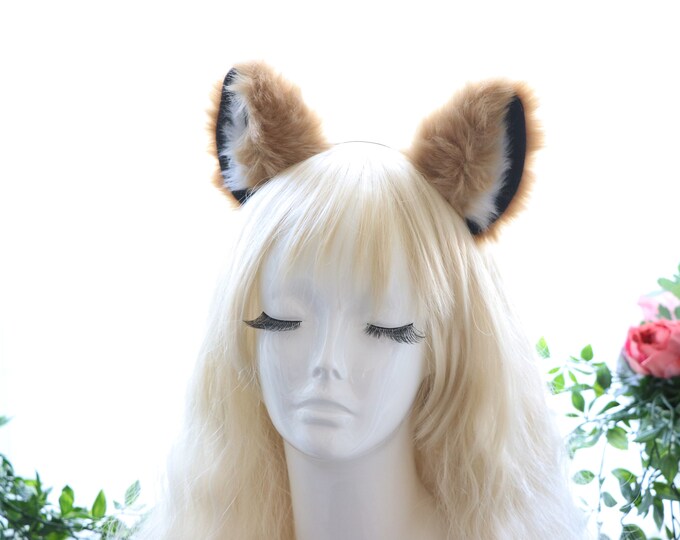 Big Cat ears Kitty Fox Headwear Light Brown Soft Furry Black Thick White Fur inside Animal Headband Costume