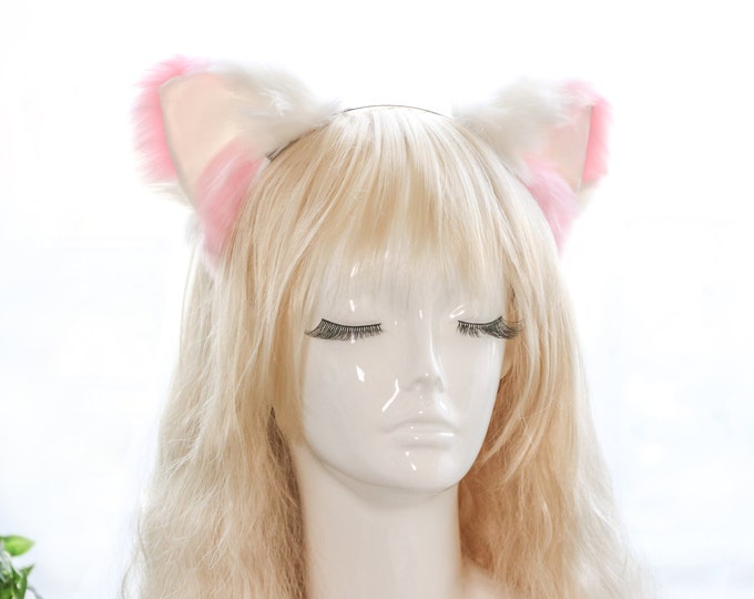 Cat ears Kitty Headwear White/Pink Furry Animal Headband Costume Bow Bells