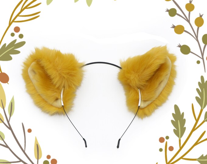 Cat ears Kitty Headwear Dark Yellow Mustard Furry Animal Headband Costume Bow Bells