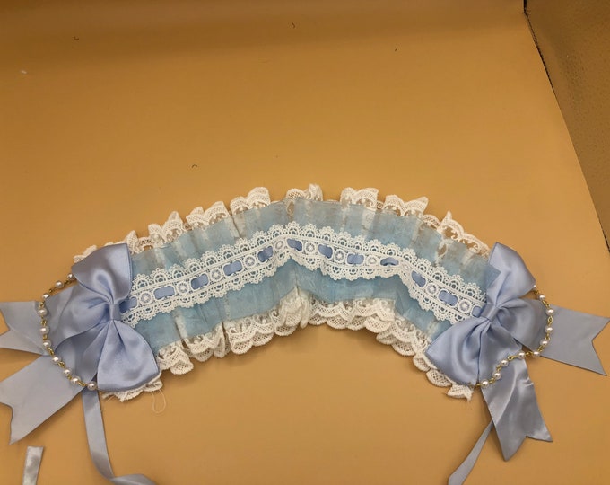 Lolita Maid Cute Headwear Headband Sky Blue Light Blue White Ribbon Pearl Bows Beads Chain Lace Costume Halloween Cosplay Japanese