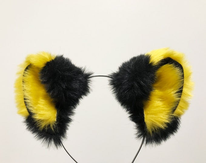 Big Cat ears Kitty Wolf Pikachu Headwear Yellow Stitching Black Furry Yellow inside Animal Headband Costume NALUMI