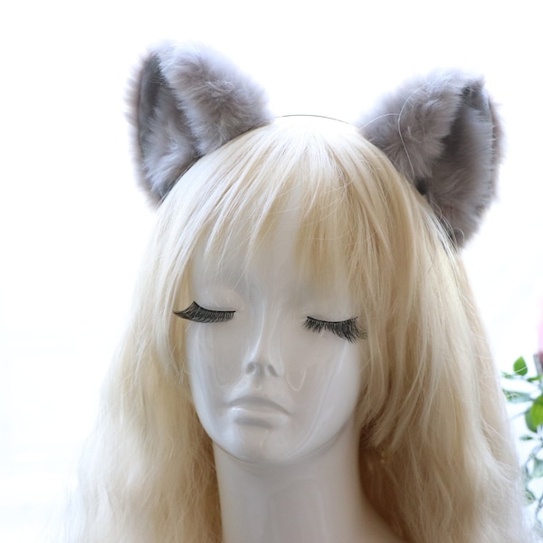 Big Cat ears Kitty Cosplay Headwear Gray Furry Gray Fur Inside Animal Headband Costume