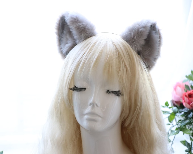 Big Cat ears Kitty Cosplay Headwear Gray Furry Gray Fur Inside Animal Headband Costume