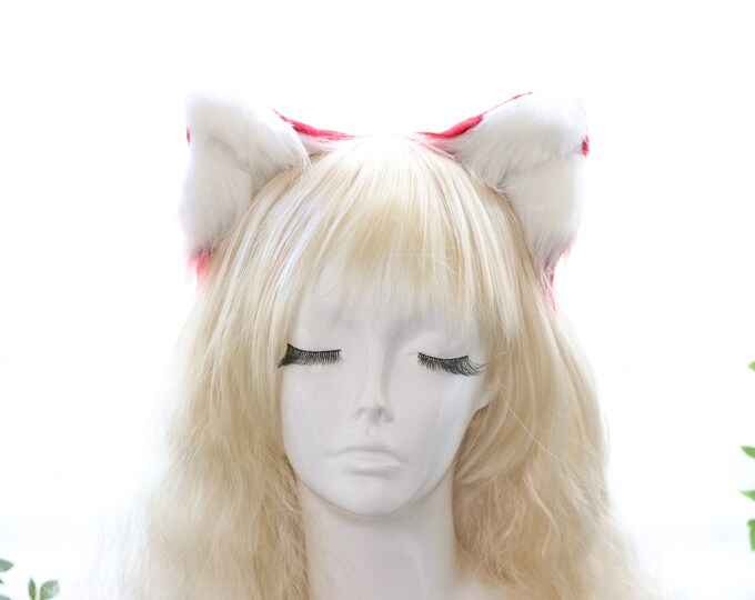 Red White Cat ears Kitty kitten Cosplay Anime Headwear Long Mix Furry Animal Hair clip Hairpin Costume Natural Simulation
