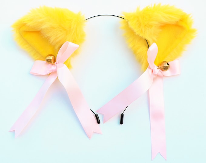 Cat ears Kitty Headwear Yellow Furry Animal Headband Costume Bow Bells
