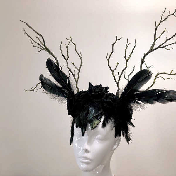 FEATHER HEAD PIECE - Horns Head Dress - Halloween Headwear - Crow Feather headdress - Black Rose Headpiece - Nymph Headdress
