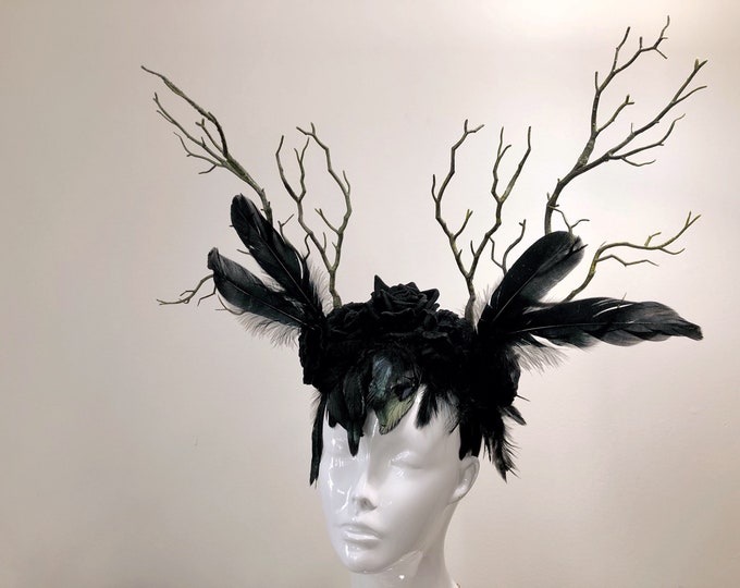 FEATHER HEAD PIECE - Horns Head Dress - Halloween Headwear - Crow Feather headdress - Black Rose Headpiece - Nymph Headdress
