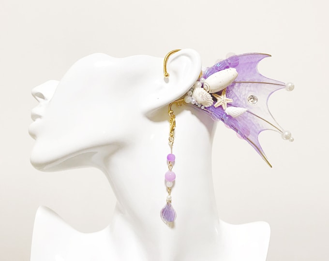 Purple Mermaid Earring Sea Shell Fairy Ears Elven Ears Earcuffs cosplay fantasy decoration Nature Fish Fin photography【NALUMI】
