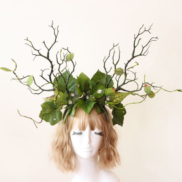 Dark Green Branch Horn Mix Leaves Rhinestones bling Vine Nymph Forest Horn Headdress Headwear Antlers Green Elf Halloween Costume【NALUMI】