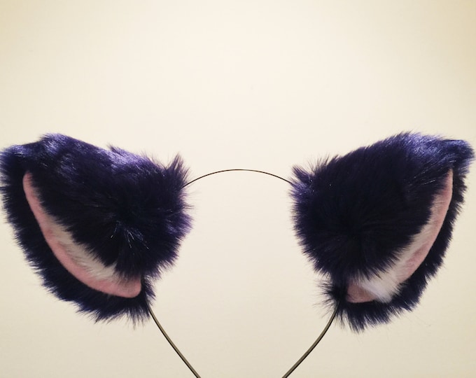 Cat ears Kitty Headwear Dark Navy Blue Furry White Fur Inside Animal Headband Costume Bow Bells