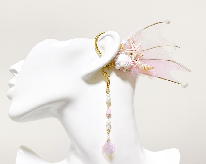 Pink Mermaid Earring Sea Shell Fairy Ears Elven Ears Earcuffs cosplay fantasy decoration Nature Fish Fin photography【NALUMI】