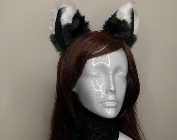 Big Cat Ears Kitty Cosplay Headwear Black White Furry Black Fur Inside Animal Headband Costume