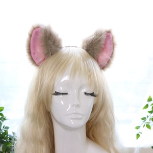 Big Cat ears Kitty Fox Headwear Light Brown Soft Furry Pink Soft Fur inside Animal Headband Costume