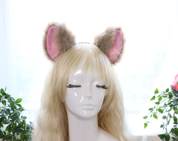 Big Cat ears Kitty Fox Headwear Light Brown Soft Furry Pink Soft Fur inside Animal Headband Costume