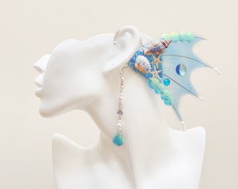 Blue Mermaid Earring Sea Shell Fairy Ears Elven Ears Earcuffs cosplay fantasy decoration Nature Fish Fin photography【NALUMI】
