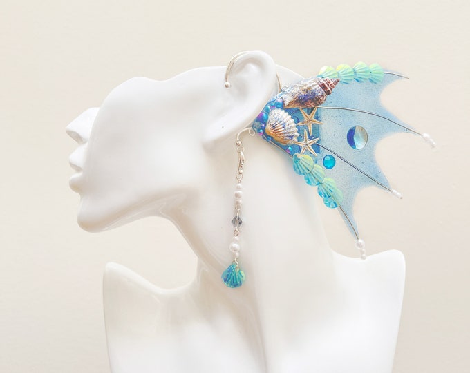 Blue Mermaid Earring Sea Shell Fairy Ears Elven Ears Earcuffs cosplay fantasy decoration Nature Fish Fin photography【NALUMI】